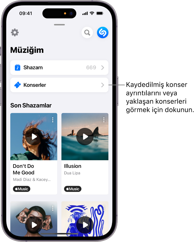 Konserler düğmesini gösteren Shazam Müziğim sayfası