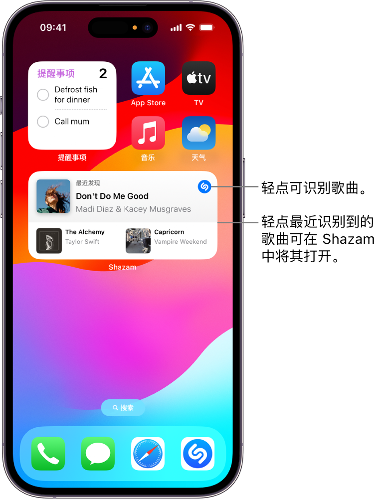 iPhone 上的“今天”视图显示 Shazam 小组件