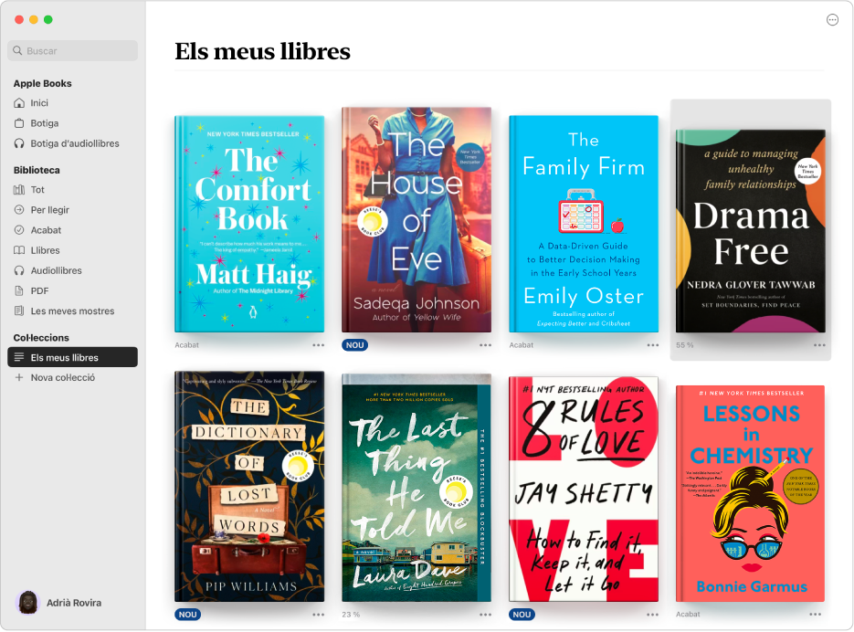 La vista de col·leccions de la biblioteca de l’app Llibres amb les col·leccions a l’esquerra.