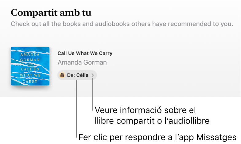 Una pantalla on es pot veure un llibre a la secció “Compartit amb tu”.