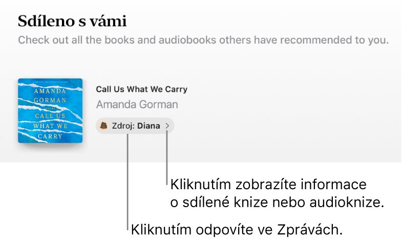 Obrazovka s knihou v části Sdíleno s vámi
