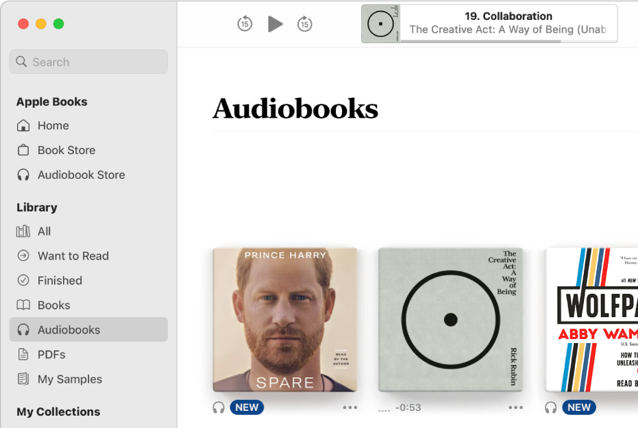 The audiobook player. Along the top are the player’s controls, a thumbnail of the audiobook’s cover and the audiobook’s title and author. Below is the Audiobooks collection in the library.