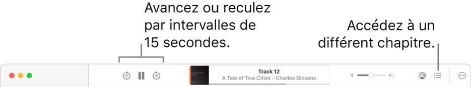 Le lecteur de livre audio dans Livres montrant, de gauche à droite, le bouton « Vitesse de lecture », les boutons Avancer, Pause et Revenir, le titre et l’auteur du livre audio en cours de lecture, le curseur Volume, le bouton AirPlay, le bouton « Table des matières » et le bouton Plus.