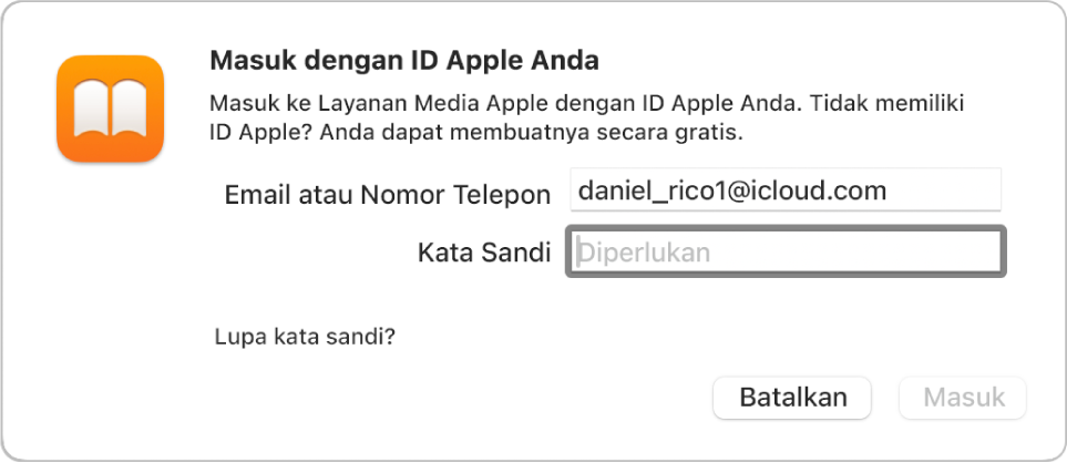 Dialog untuk masuk ke Apple Books menggunakan ID Apple dan kata sandi.