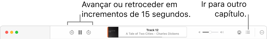 O leitor de audiolivros na aplicação Livros a mostrar, da esquerda para a direita, o botão Velocidade de reprodução, os botões Avançar, Pausar e Retroceder, o título e o autor do audiolivro que está a ser reproduzido, o nivelador Volume, o botão AirPlay, o botão Índice e o botão Mais.