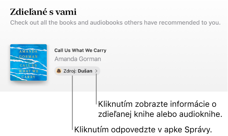 Obrazovka zobrazujúca knihu v časti Zdieľané s vami.