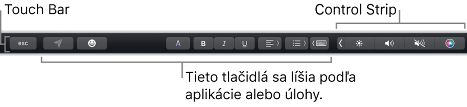 Touch Bar v hornej časti klávesnice so zbaleným Control Stripom na pravej strane a tlačidlami, ktoré sa líšia v závislosti od apky alebo úlohy.