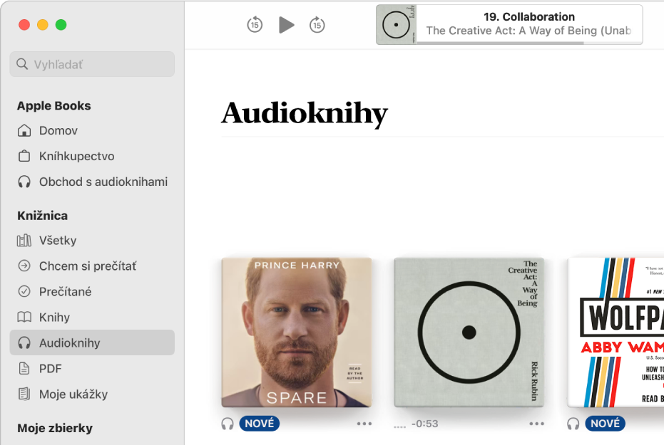 Prehrávač audiokníh. V hornej časti sa nachádzajú ovládacie prvky prehrávača, miniatúra obalu audioknihy a názov a autor audioknihy. Nižšie sa nachádza zbierka Audioknihy v knižnici.