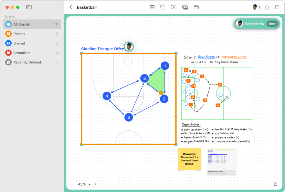 A shared Freeform board. A border around the board indicates that you’re following a participant and can see what they’re presenting on the board.