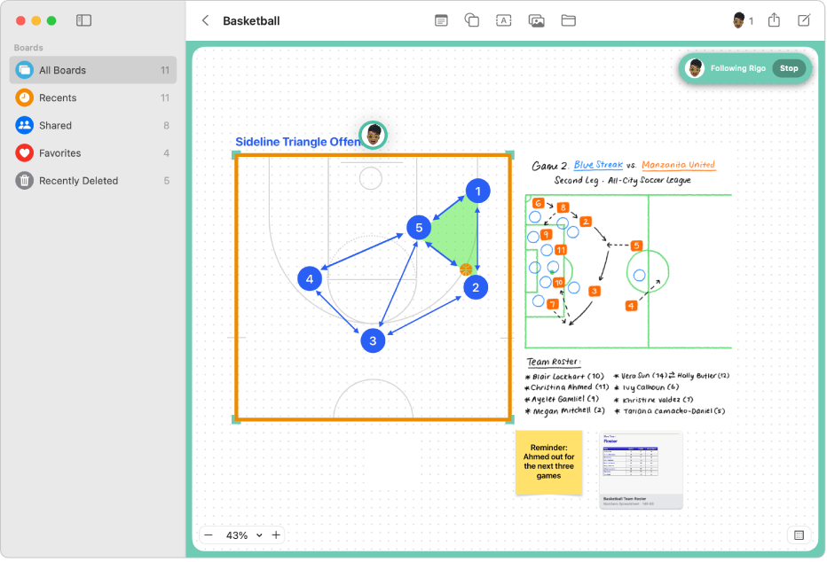 A shared Freeform board. A border around the board indicates that you’re following a participant and can see what they’re presenting on the board.