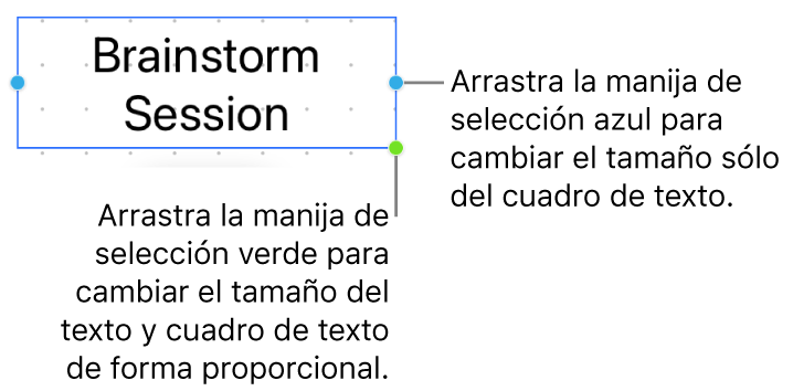 Un cuadro de texto seleccionado mostrando la manija de selección azul (la cual te permite cambiar el tamaño sólo del cuadro de texto) y la manija de selección verde (para cambiar proporcionalmente el texto y el cuadro de texto).