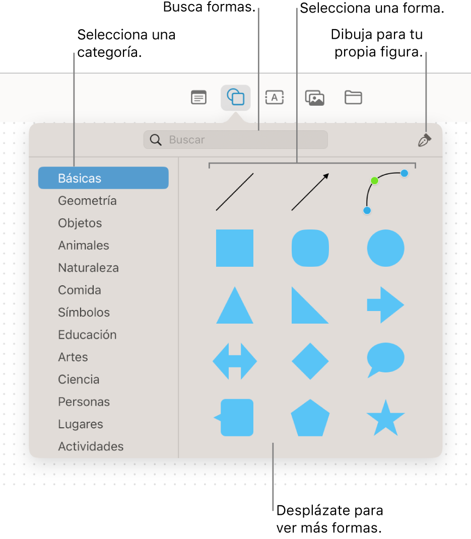 La biblioteca de figuras, con un campo de búsqueda en la parte superior, una lista de categorías a la izquierda y una colección de figuras a la derecha. Selecciona una figura de la colección, desplázate para ver más figuras o dibuja tu propia figura con la herramienta Bolígrafo.
