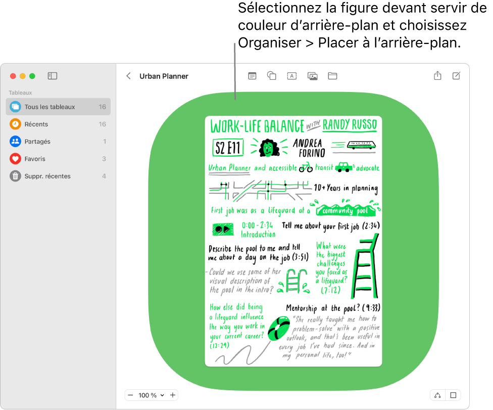 Tableau Freeform ouvert présentant une figure d’arrière-plan derrière plusieurs éléments individuels.