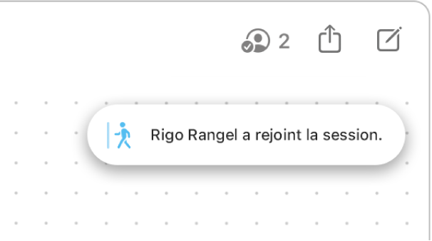 Angle supérieur droit d’un tableau Freeform. La notification indique lorsqu’un participant a rejoint le tableau.