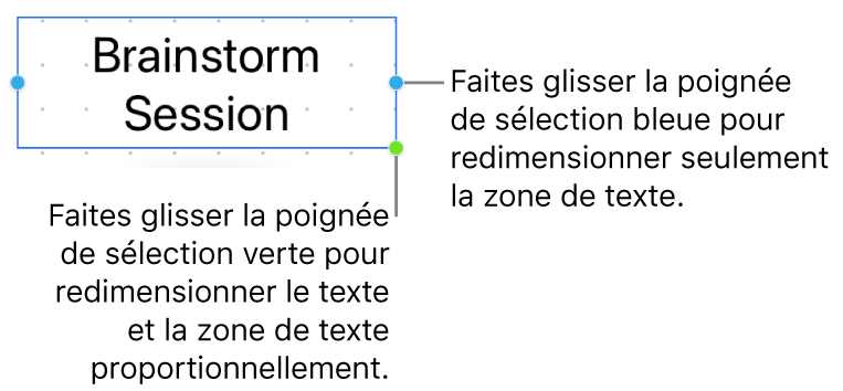 Une zone de texte sélectionnée affichant la poignée de sélection bleue (permettant de redimensionner uniquement la zone de texte) ainsi que la poignée de sélection verte (permettant de redimensionner le texte et la zone de texte proportionnellement).