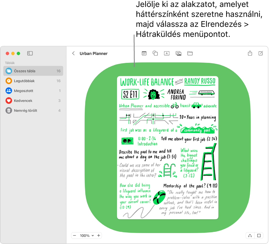 Egy Freeform-tábla egy, számos egyedülálló elem mögött található háttéralakzattal.