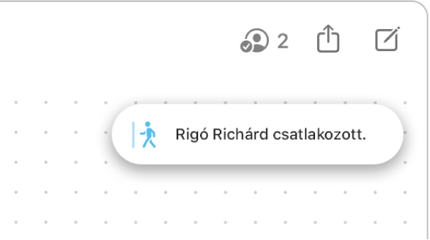 Egy Freeform-tábla jobb felső sarka. Az értesítés megjeleníti, mikor csatlakozott egy résztvevő.