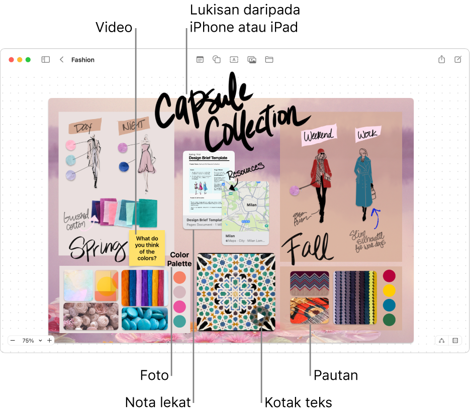 Papan Freeform dengan pelbagai item seperti lukisan daripada iPhone atau iPad, nota lekat, pautan, kotak teks, video dan beberapa foto.