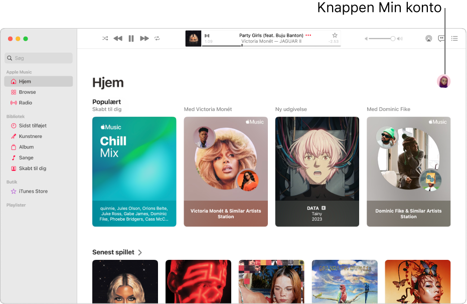 Apple Music-vinduet med skærmen Hjem. Knappen Min konto (som ligner et foto eller et monogram) er placeret i øverste højre hjørne af vinduet.