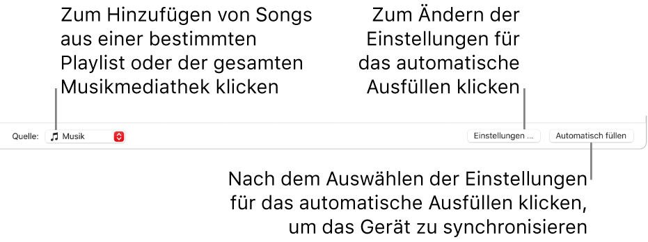 Die Option „Automatisch füllen“ unten im Fenster „Musik“. Ganz links befindet sich das Einblendmenü „Automatisch füllen“, in dem du auswählen kannst, ob Titel von einer Playlist oder von der gesamten Mediathek hinzugefügt werden sollen. Ganz rechts sind zwei Tasten: die Taste „Einstellungen“ zum Ändern der verschiedenen Optionen für das automatische Füllen und die Taste „Automatisch füllen“. Wenn du auf „Automatisch füllen“ klickst, wird dein Gerät mit den Titeln gefüllt, die den Kriterien entsprechen.