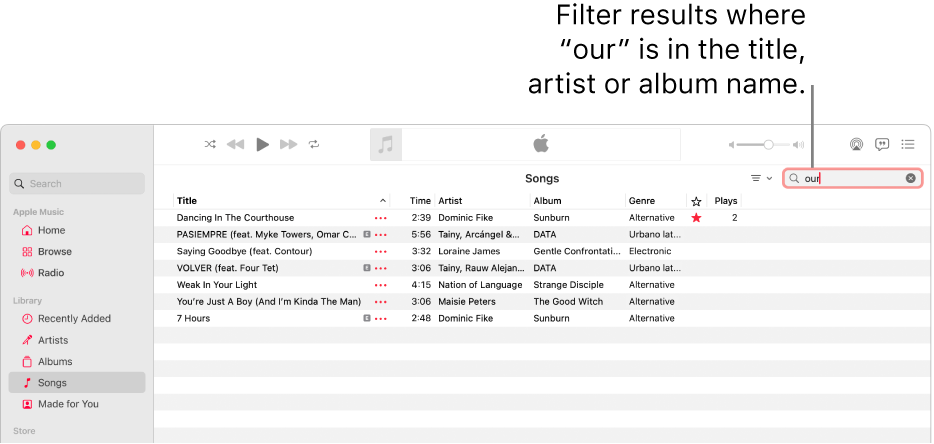 The Apple Music window showing the list of songs that appear when “love” is entered in the filter field in the top-right corner. The songs in the list include the word “love” in their title, artist or album name.