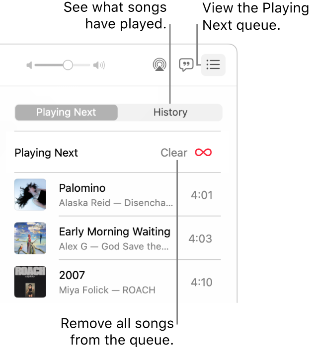 The top-right corner of the Music window with the Playing Next button in the banner showing the Playing Next queue. Click the History link to show the previously played songs. Click the Clear link to remove all songs from the queue.