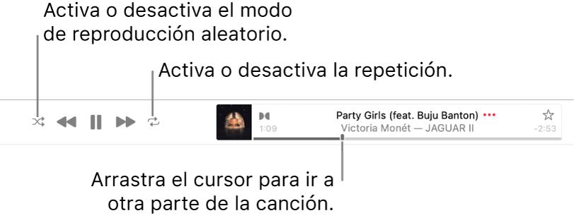 La tira con una canción en reproducción. El botón Aleatorio está en la esquina superior izquierda y el botón Repetir está en la esquina superior derecha. Arrastre la barra de arrastre para ir a una parte diferente de la canción.