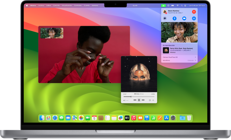 La ventana de FaceTime mostrando una llamada donde los participantes están usando SharePlay para escuchar un álbum juntos.