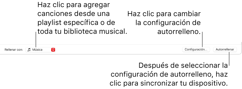 Las opciones de autorrelleno en el área inferior de la ventana Música. En el extremo izquierdo se encuentra el menú desplegable Autorrellenar, donde puedes optar por agregar canciones de una playlist o de toda tu biblioteca. En el extremo derecho se encuentran dos botones: Configuración, que permite cambiar las opciones de autorrelleno, y el botón Autorrelleno. Cuando haces clic en Autorrelleno, tu dispositivo se rellena con las canciones que cumplen con el criterio.