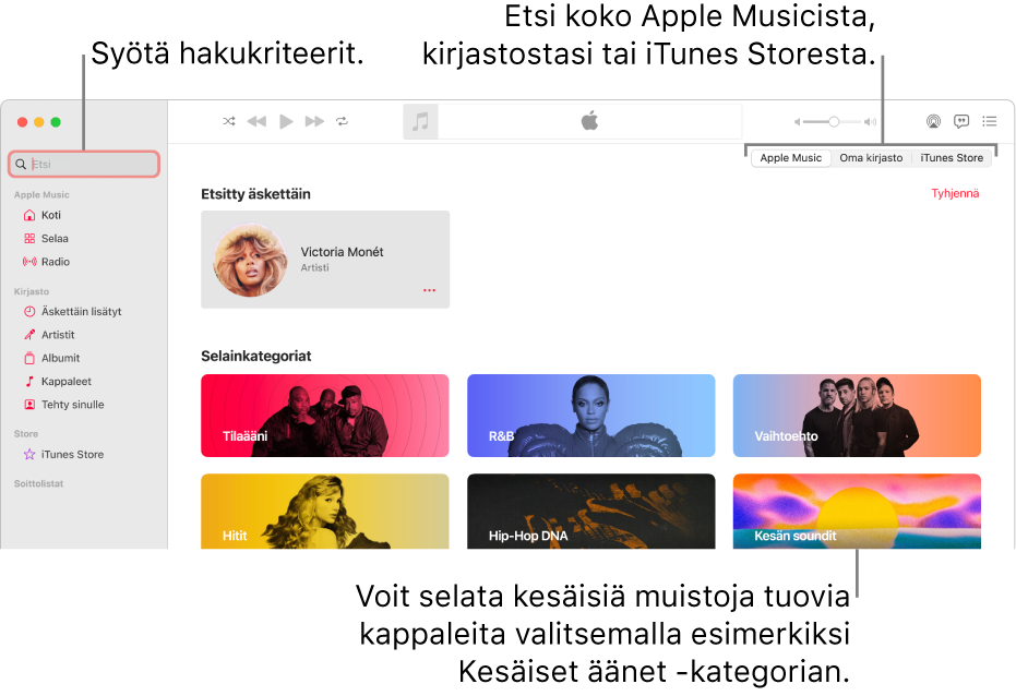 Apple Music -ikkuna, jossa näkyy hakukenttä vasemmassa yläkulmassa, kategorialuettelo keskellä sekä Apple Music, kirjastosi ja iTunes Store oikeassa yläkulmassa. Syötä hakukriteerit hakukenttään ja valitse sitten, etsitäänkö koko Apple Musicista, vain kirjastostasi vai iTunes Storesta.