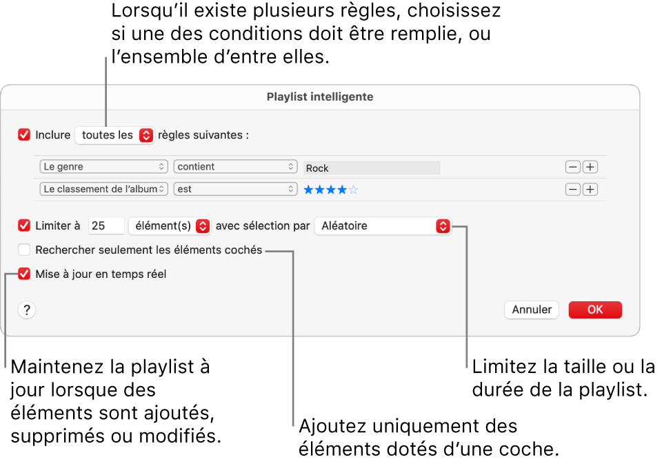 La zone de dialogue « Playlist intelligente » : Dans le coin supérieur gauche, sélectionnez Inclure, puis indiquez les critères de la playlist (comme Genre ou Classement). Continuez d’ajouter ou de supprimer des règles en cliquant sur le bouton Ajouter ou Supprimer en haut à droite. Sélectionnez différentes options dans la partie inférieure de la zone de dialogue, comme la limitation de la taille ou de la durée d’une playlist, l’utilisation exclusive des éléments cochés ou la mise à jour de la playlist par Musique lorsque votre bibliothèque est modifiée.