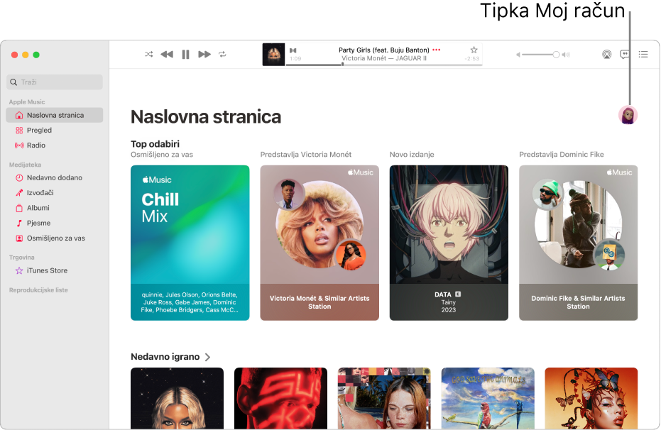 Prozor usluge Apple Music s prikazom zaslona Naslovna stranica. Tipka Moj račun (koja izgleda poput fotografije ili monograma) nalazi se u gornjem desnom kutu prozora.