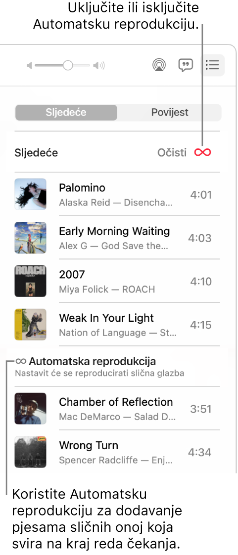 Red Sljedeće. Kliknite tipku Automatska reprodukcija za uključivanje i isključivanje. Kada je Automatska reprodukcija uključena, slične se pjesme dodaju na kraj reda.