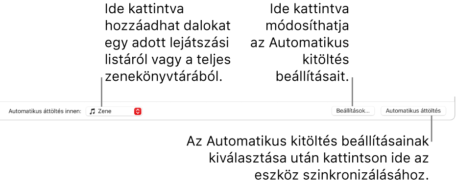 A Music ablak alján található Automatikus kitöltés beállításai. Bal oldalon található az Automatikus kitöltés innen, ahol megadhatja, hogy egy lejátszási listából vagy a teljes könyvtárából szeretne dalokat hozzáadni. A jobb szélén két gomb található: a Beállítások, mellyel az Automatikus kitöltés különféle lehetőségei módosíthatók, és az Automatikus kitöltés. Az Automatikus kitöltés lehetőségre kattintva az eszköz a feltételeknek megfelelő zeneszámokkal telik meg.