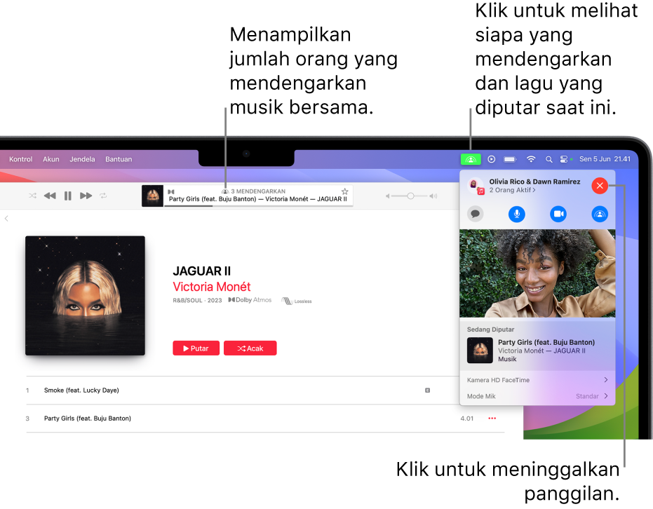 Jendela Apple Music dengan lagu yang diputar saat menggunakan SharePlay. Jendela pemutaran menampilkan jumlah orang yang mendengarkan musik bersama. Di sebelah kanan, ikon SharePlay diklik dan Anda dapat melihat siapa yang mendengarkan dan lagu yang sedang diputar. Di sebelah kanan, Anda dapat mengeklik tombol Tutup.