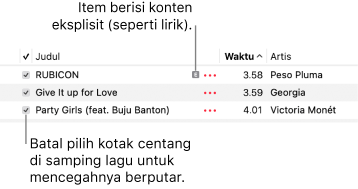 Detail daftar lagu di Musik, menampilkan kotak centang dan simbol eksplisit untuk lagu pertama (menandakan bahwa lagu memiliki konten eksplisit seperti lirik). Batalkan pilihan kotak centang di samping lagu untuk mencegahnya diputar.