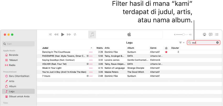 Jendela Apple Music menampilkan daftar lagu yang muncul saat “love” dimasukkan di bidang yang difilter di pojok kanan atas. Lagu dalam daftar mencakup kata "love" dalam judul, artis, atau nama albumnya.