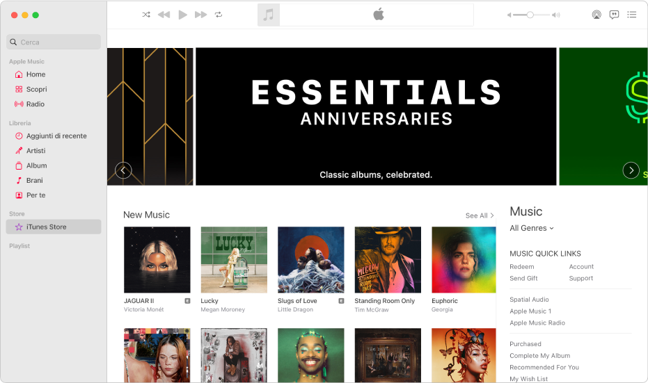 Finestra principale di iTunes Store: iTunes Store è evidenziato nella barra laterale.