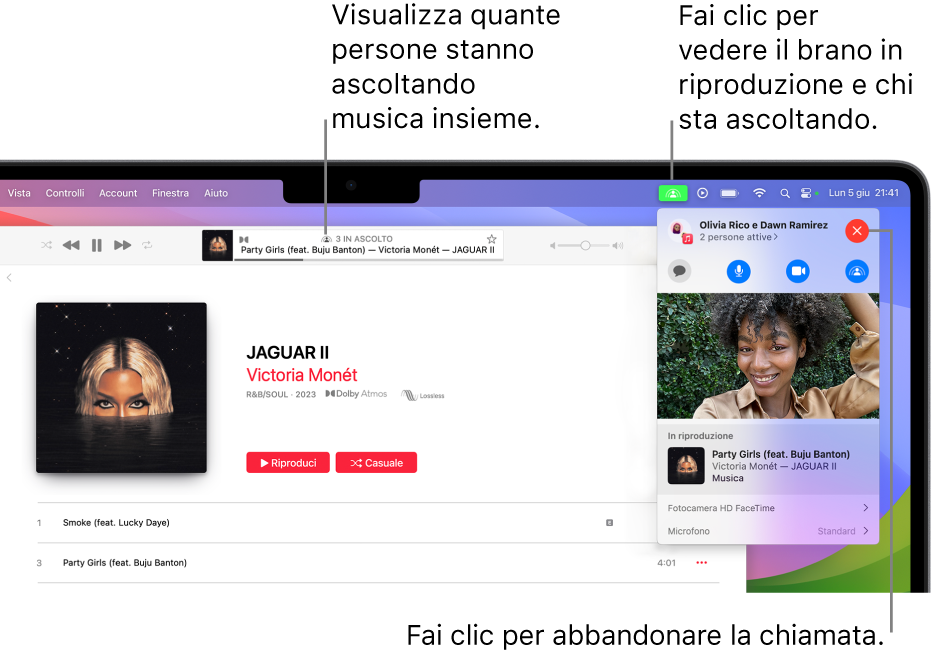 La finestra di Apple Music con una canzone in riproduzione mentre SharePlay è in uso. La finestra di riproduzione mostra quante persone stanno ascoltando musica insieme. A destra, viene fatto clic sull’icona SharePlay ed è possibile visualizzare chi sta ascoltando e il brano in riproduzione. Sulla destra, puoi fare clic sul pulsante Chiudi.