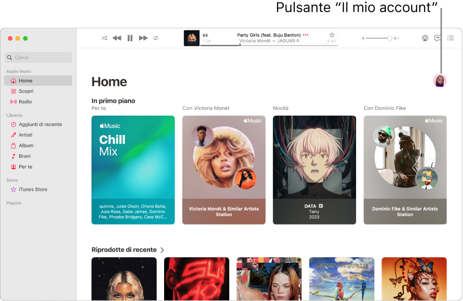 La finestra di Apple Music con la schermata Home. Il pulsante del tuo account (che sembra una foto o un monogramma) si trova nell’angolo superiore destro della finestra.