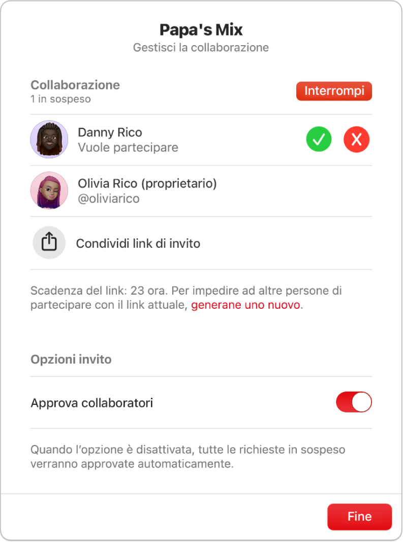 La finestra di dialogo Gestisci collaborazione.