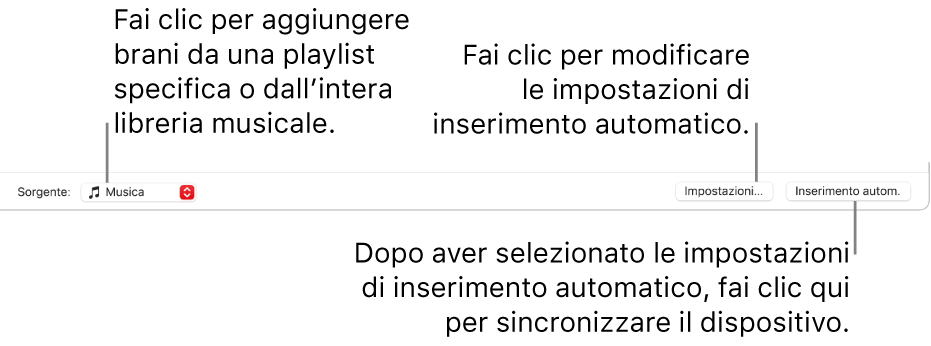 Opzioni di riempimento automatico nella parte inferiore della finestra Musica. All’estrema sinistra è presente il menu a comparsa Sorgente in cui puoi scegliere se aggiungere brani da una playlist o dall’intera libreria. All’estrema destra sono presenti due pulsanti: Impostazioni, per modificare varie opzioni per il riempimento automatico, e “Riempi automaticamente”. Se fai clic su “Riempi automaticamente”, il dispositivo viene riempito con i brani che corrispondono ai tuoi criteri.