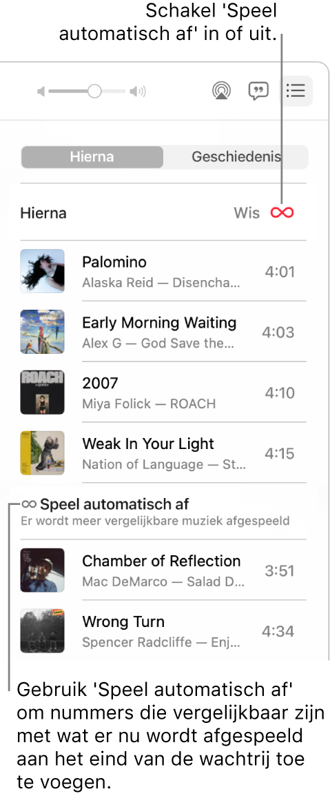 De wachtrij 'Hierna'. Klik op de knop voor automatisch afspelen om deze functie in of uit te schakelen. Wanneer 'Speel automatisch af' is ingeschakeld, worden aan het einde van de wachtrij vergelijkbare nummers toegevoegd.