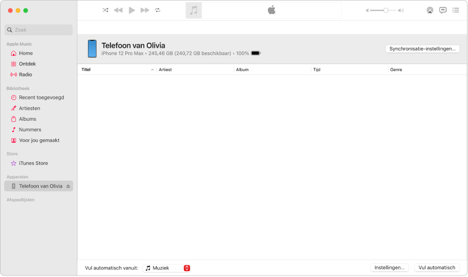 Het Muziek-venster met een apparaat (Julia's iPhone) in de navigatiekolom. Met de knop 'Synchronisatie-instellingen' rechtsbovenin wordt de Finder geopend.