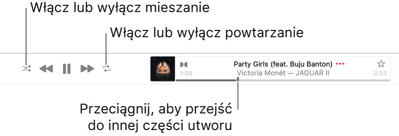 Baner oraz odtwarzany utwór. Przycisk mieszania znajduje się w lewym górnym rogu; przycisk powtarzania znajduje się w prawym górnym rogu. Przeciągnij głowicę, aby przejść do innej części utworu.