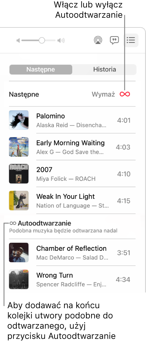 Kolejka Następne. Kliknij w przycisk Autoodtwarzanie, aby włączyć lub wyłączyć tę funkcję. Gdy autoodtwarzanie jest włączone, na końcu kolejki dodawane są podobne utwory.