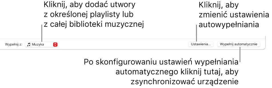 Opcje automatycznego wypełniania na dole okna Muzyki. Po lewej znajduje się menu podręczne Wypełnij z, w którym wybierasz, czy chcesz dodawać utwory z playlisty lub z całej biblioteki. Po prawej znajdują się dwa przyciski — Ustawienia, do zmiany różnych opcji automatycznego wypełniania oraz przycisk Wypełnij automatycznie. Gdy klikniesz w Wypełnij automatycznie, Twoje urządzenie zostanie zapełnione utworami spełniającymi kryteria.