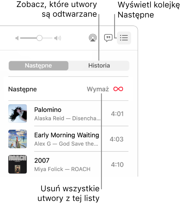 Prawy górny róg okna Muzyki. Na banerze widoczny jest przycisk kolejki Następne, który wyświetla kolejkę Następne. Kliknij w łącze Historia, aby wyświetlić ostatnio odtwarzane utwory. Kliknij w łącze Wymaż, aby usunąć wszystkie utwory z kolejki.