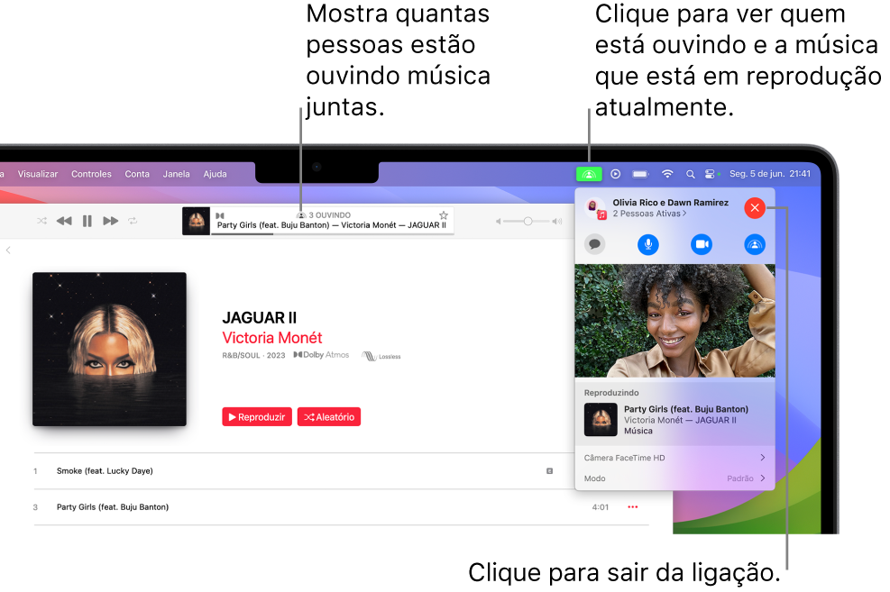 Janela do Apple Music com uma música reproduzida usando o SharePlay. A janela de reprodução mostra quantas pessoas estão ouvindo música juntas. À direita, o ícone do SharePlay está clicado e você pode ver quem está ouvindo e a música sendo reproduzida atualmente. À direita, é possível clicar no botão Fechar.