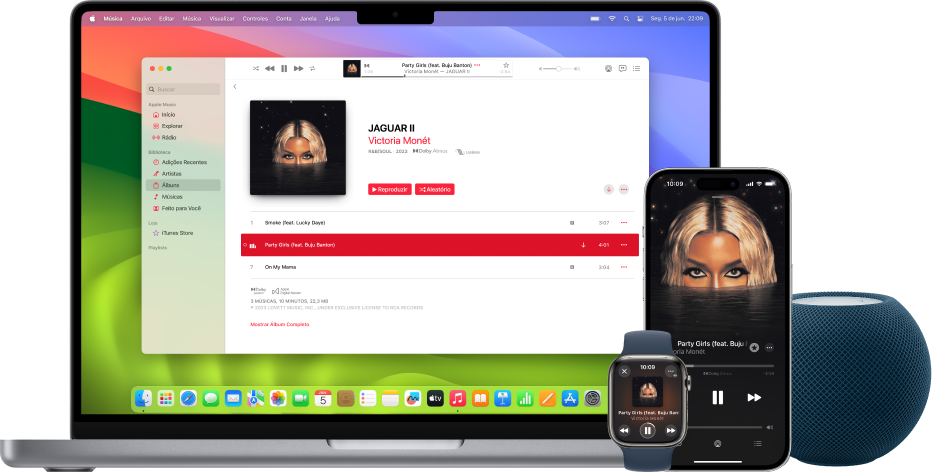 Uma música tocando em um Mac, iPhone e Apple Watch, com um HomePod.